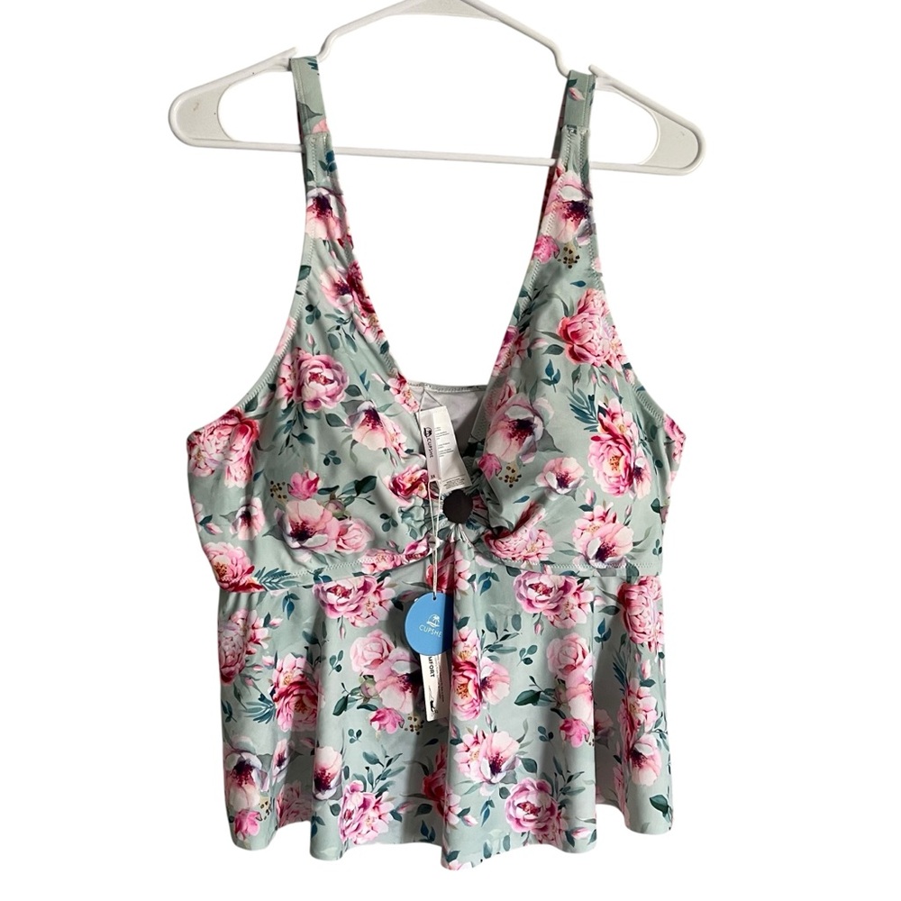 NWT CUPSHE Floral Swim Tankini Top Peplum Plus Size Sz 3X Blue Pink